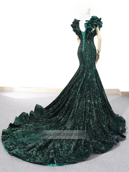 Sparkly Sequin Ruffle Shoulder Mermaid Wedding Dresses Vintage Pageant Dress FD1209-prom dresses 2025 -Viniodress-Red-Custom Size-