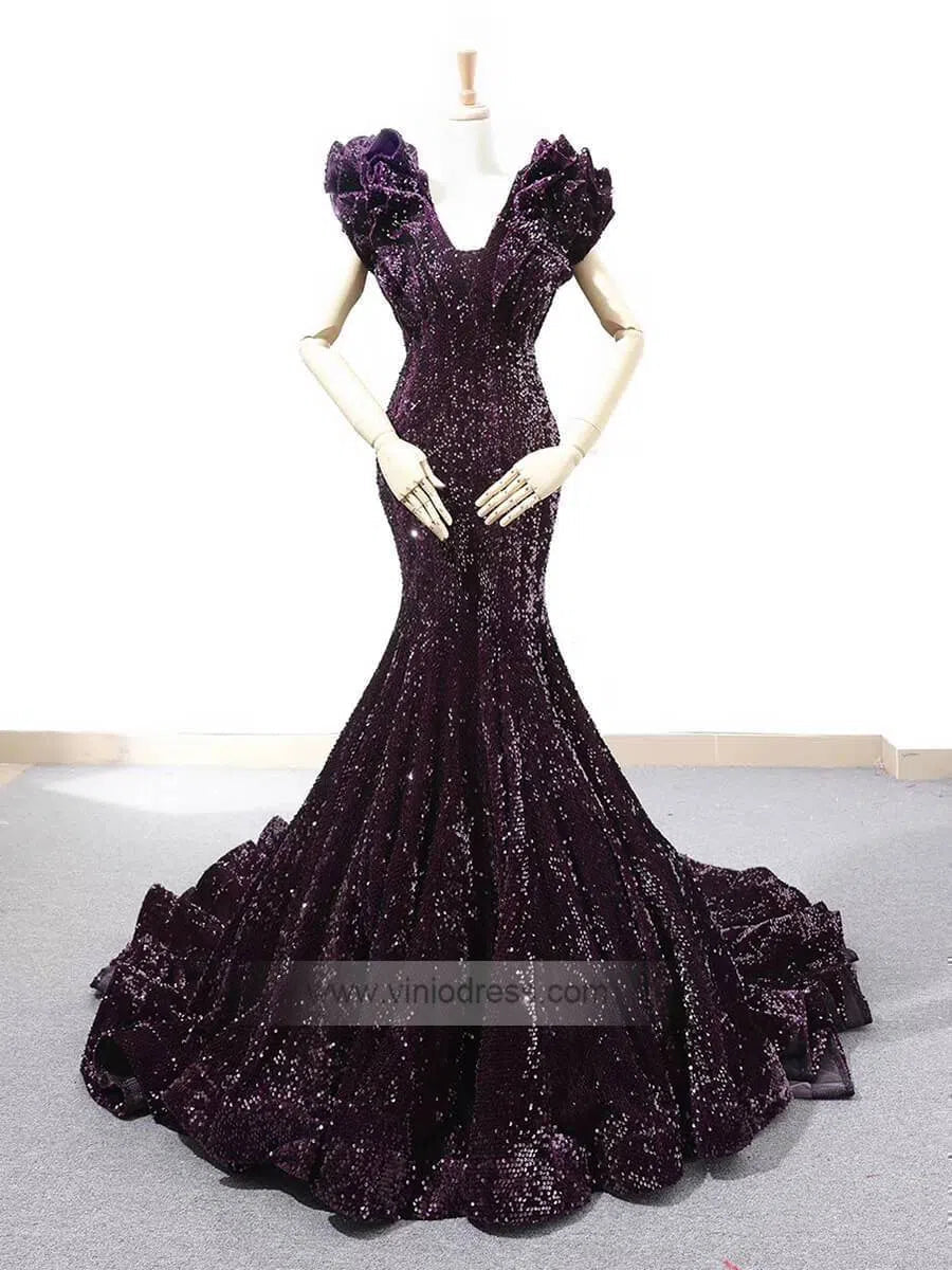 Sparkly Sequin Ruffle Shoulder Mermaid Wedding Dresses Vintage Pageant Dress FD1209-prom dresses 2025 -Viniodress-Purple-Custom Size-