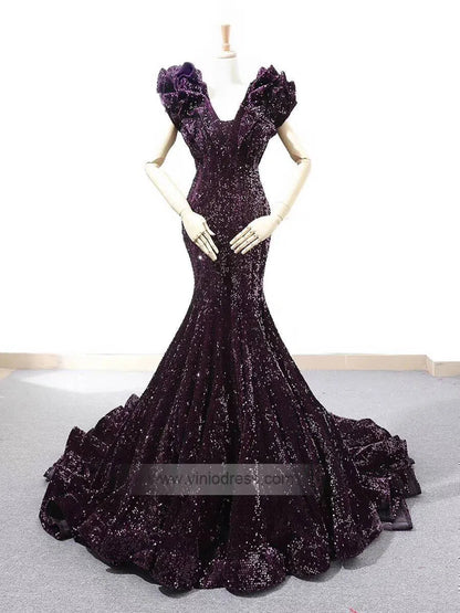 Sparkly Sequin Ruffle Shoulder Mermaid Wedding Dresses Vintage Pageant Dress FD1209-prom dresses 2025 -Viniodress-Purple-Custom Size-