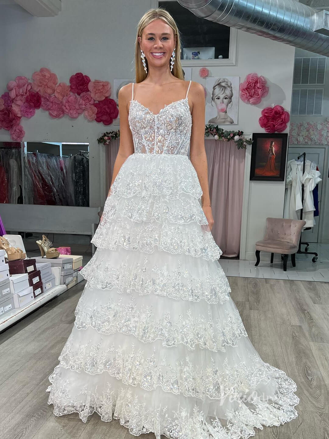 Sparkly Tiered Ruffle Prom Dresses 2024 Spaghetti Strap V-neck Ball Gowns FD3635B-prom dresses 2025 -Viniodress-Ivory-Custom Size-