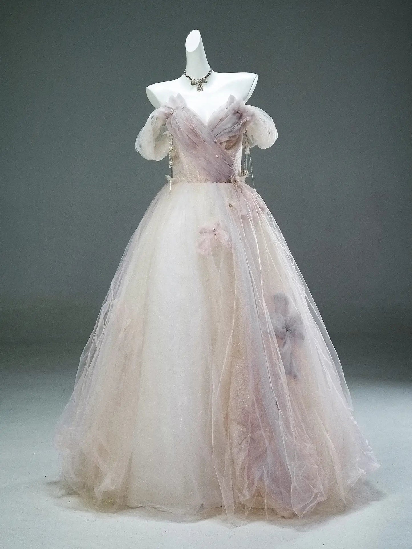 Sparkly Tulle Formal Gown with Bow, Pearl, Butterfly & Sweetheart Neckline - CQ0147-Couture Gown 2025 -Viniodress-Blush Pink-Custom Size-