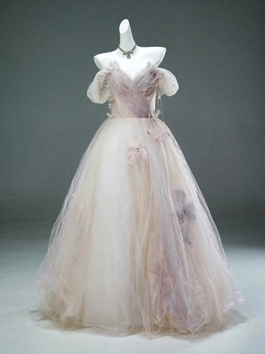 Sparkly Tulle Formal Gown with Bow, Pearl, Butterfly & Sweetheart Neckline - CQ0147-Couture Gown 2025 -Viniodress-Blush Pink-Custom Size-
