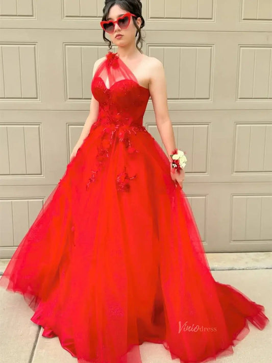 Sparkly Tulle Lace Prom Dresses 2025 One Shoulder Formal Gown with Slit - FD5158-prom dresses 2025 -Viniodress-Red-Custom Size-