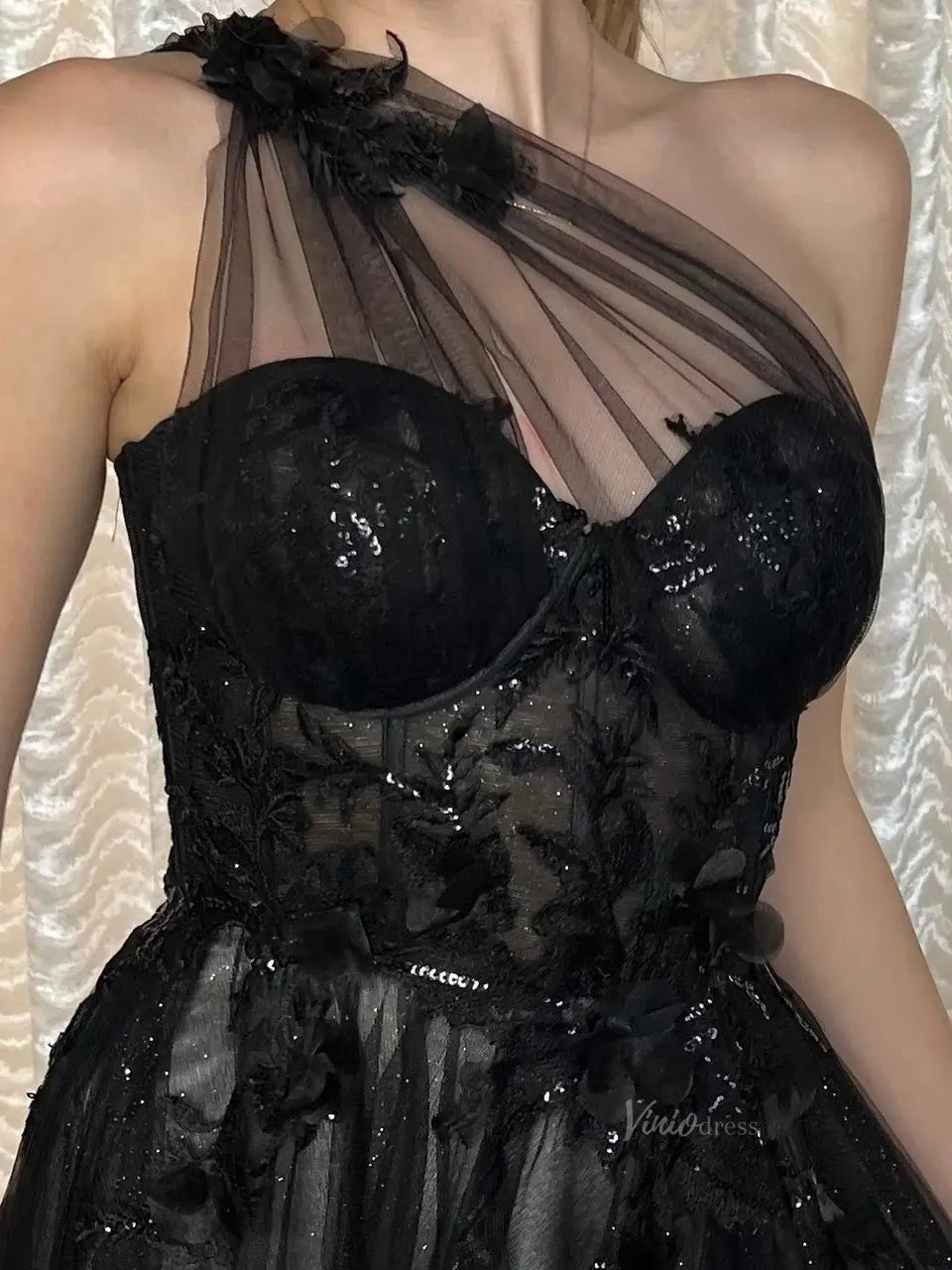 Sparkly Tulle Lace Prom Dresses 2025 One Shoulder Formal Gown with Slit - FD5158-prom dresses 2025 -Viniodress-Black-Custom Size-
