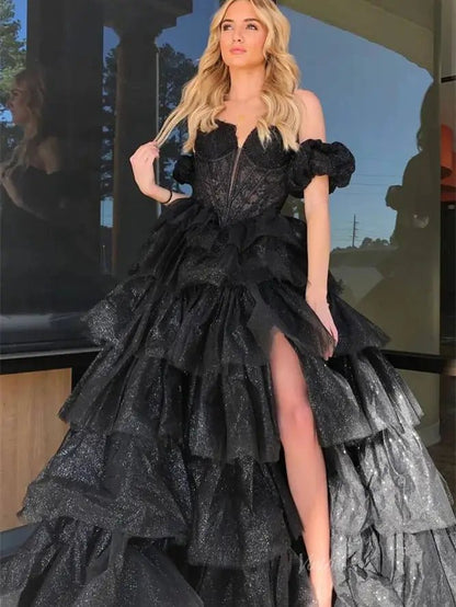 Sparkly Tulle Tiered Prom Dresses with Slit Puffed Sleeve Off the Shoulder Formal Gown - FD3713-prom dresses 2025 -Viniodress-Black-Custom Size-