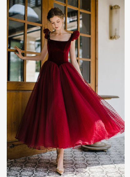 Square Neck Blush Homecoming Dresses Dotted Maxi Dress SD1391-Homecoming Dresses 2025 -Viniodress-Burgundy-Custom Size-