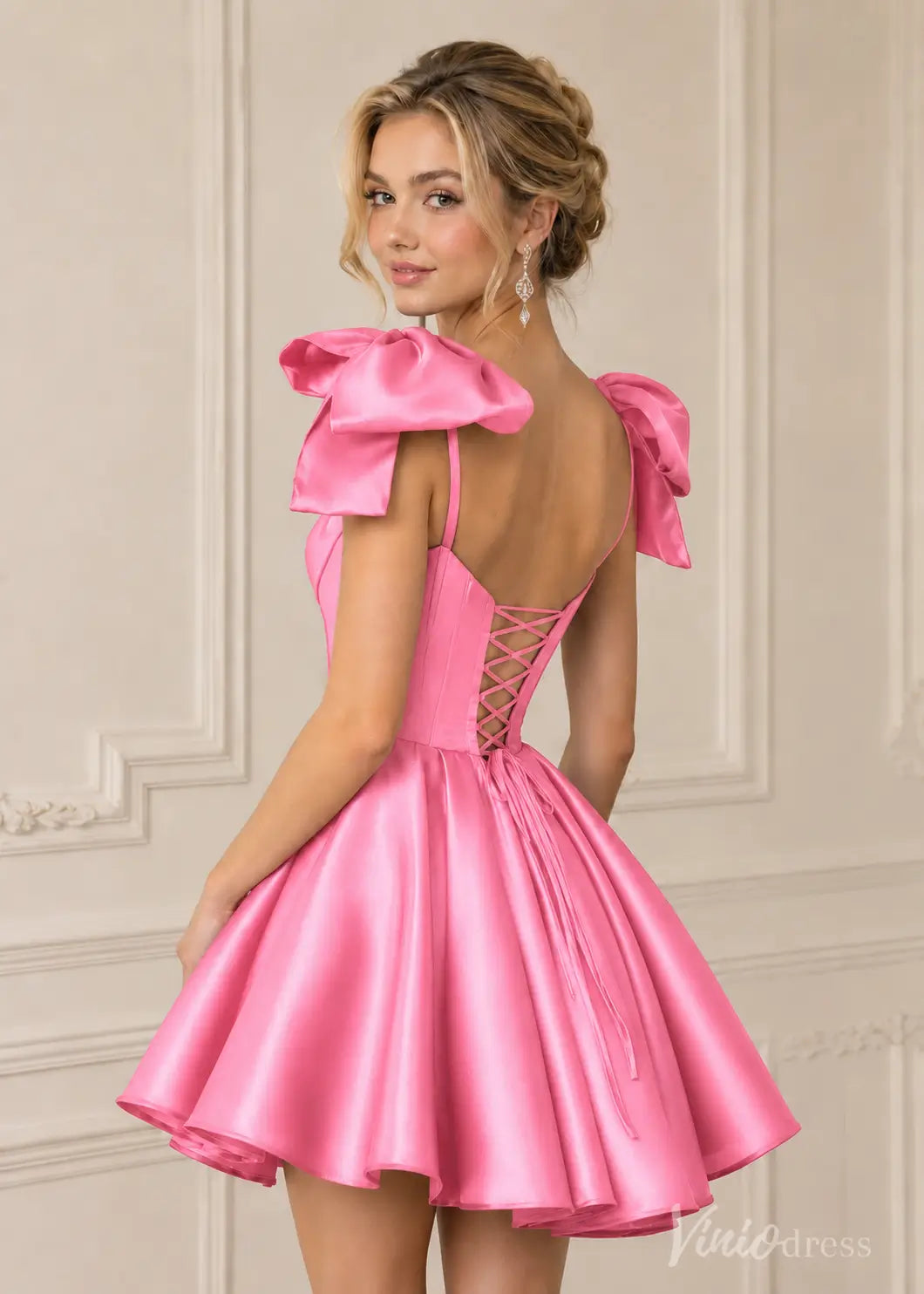 Statement Bow-Shoulder Satin Homecoming Dress