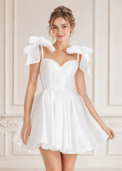 White satin mini dress S26095 with sweetheart neckline, corset bodice, and large shoulder bows.