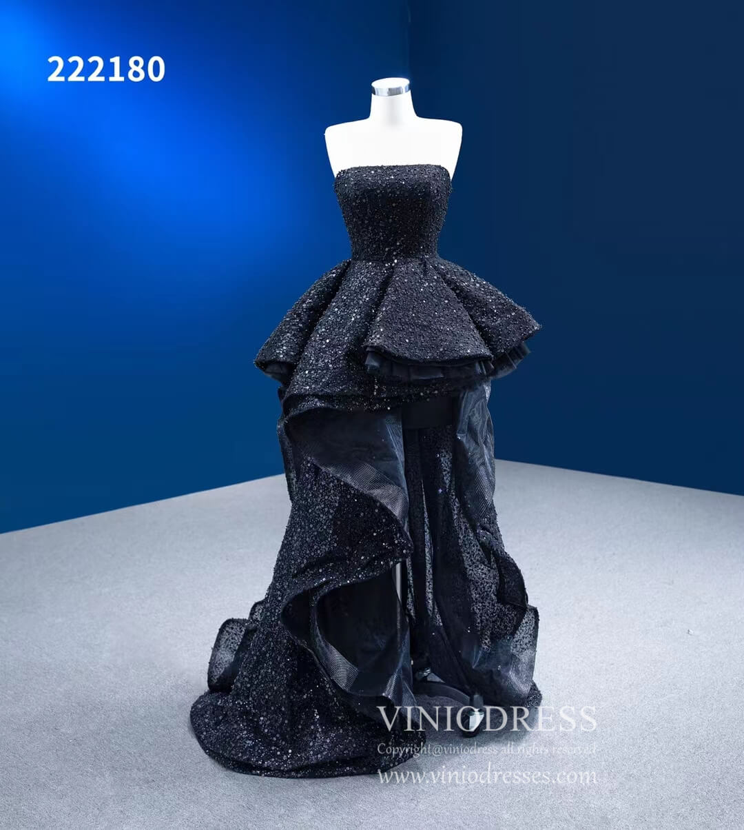 Strapless Beaded Black Ruffle Pageant Dress High-Low Prom Gown with Corset Back 222180-prom dresses 2025 -Viniodress-Black-Custom Size-