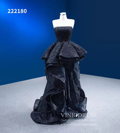 Strapless Beaded Black Ruffle Pageant Dress High-Low Prom Gown with Corset Back 222180-prom dresses 2025 -Viniodress-Black-Custom Size-