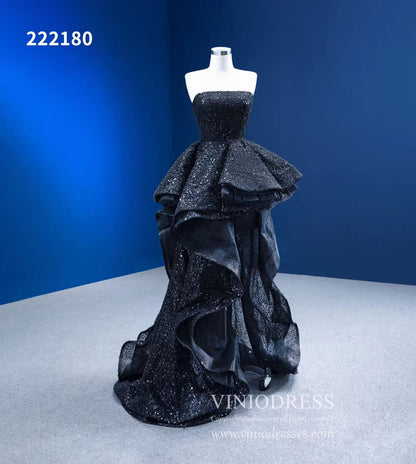 Strapless Beaded Black Ruffle Pageant Dress High-Low Prom Gown with Corset Back 222180-prom dresses 2025 -Viniodress-Black-Custom Size-