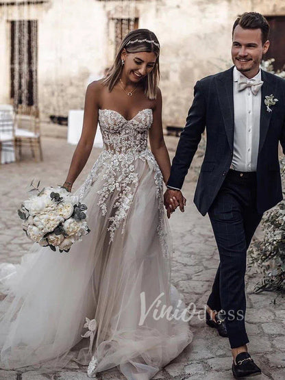 Strapless Beaded Lace Country Wedding Dresses VW1212-wedding dresses 2025 -Viniodress-Champagne-Custom Size-