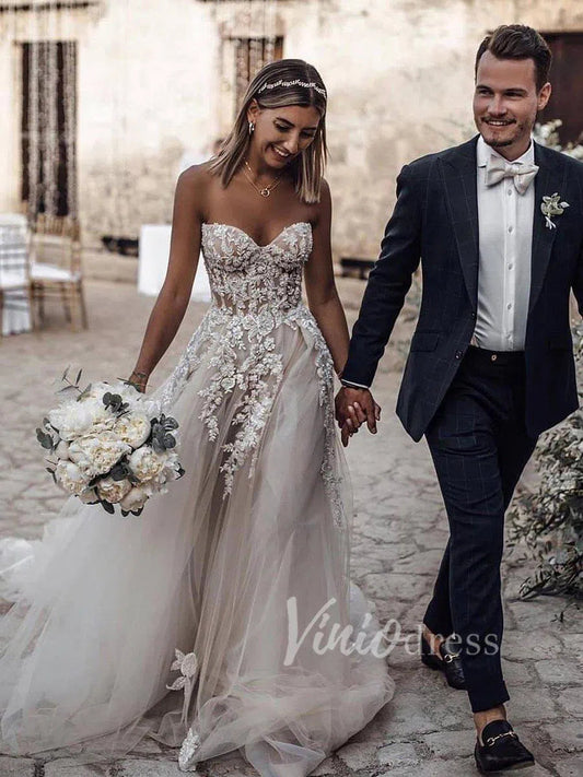 Strapless Beaded Lace Country Wedding Dresses VW1212-wedding dresses 2025 -Viniodress-Champagne-Custom Size-
