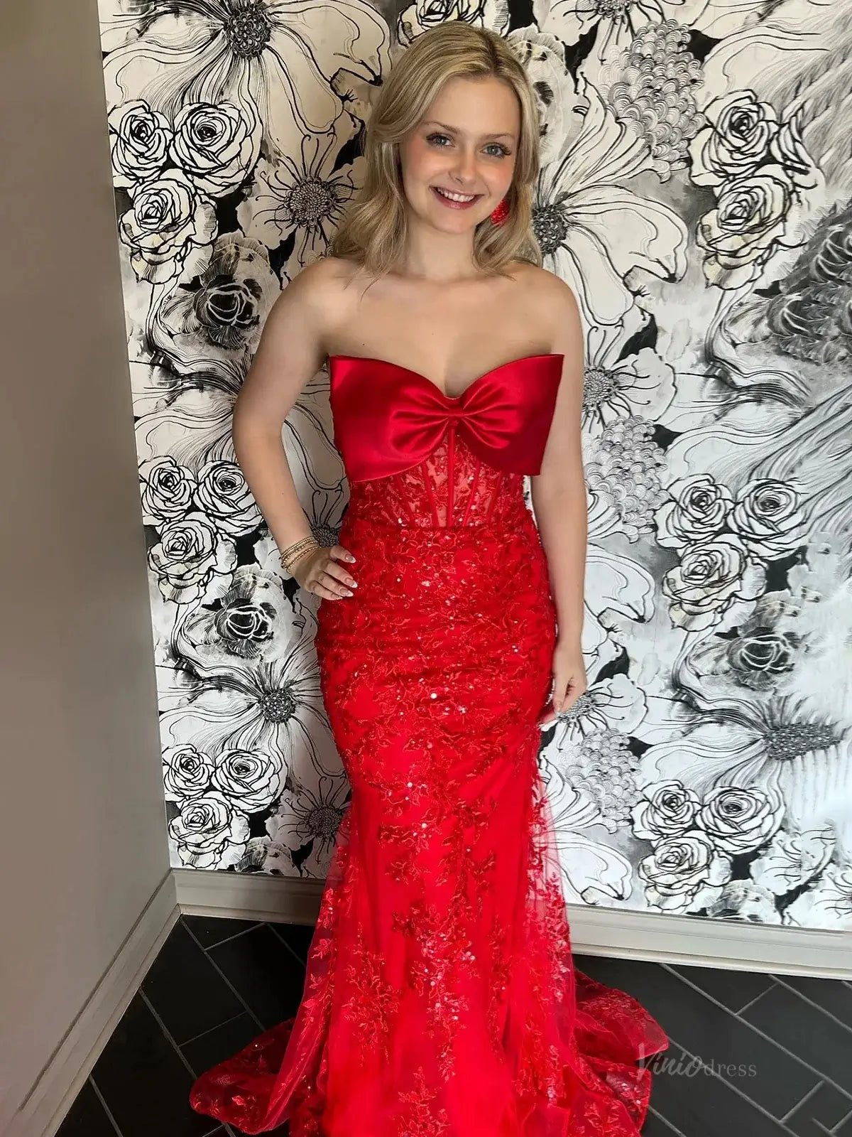 Strapless Lace Mermaid Prom Dresses 2025 with Bow – FD5059-prom dresses 2025 -Viniodress-Red-Custom Size-