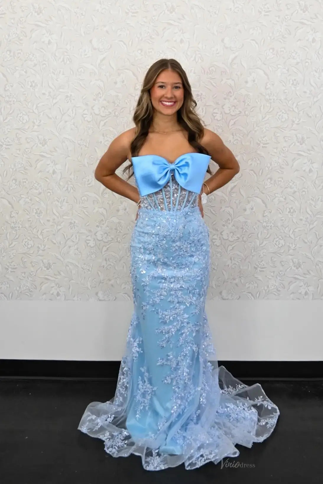 Strapless Lace Mermaid Prom Dresses 2025 with Bow – FD5059-prom dresses 2026-Viniodress-Light Blue-Custom Size-