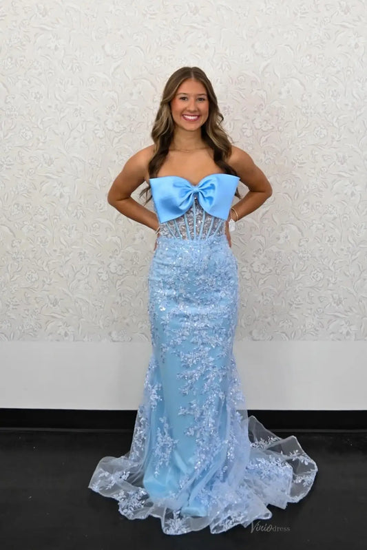 Strapless Lace Mermaid Prom Dresses 2025 with Bow – FD5059-prom dresses 2026-Viniodress-Light Blue-Custom Size-