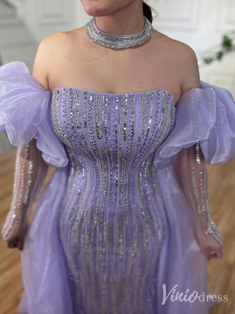 Strapless Beaded Mermaid Prom Dresses Removable Puffed Sleeve Pageant Dress 20221-Evening Dresses 2025 -Viniodress-Lavender-US 2-