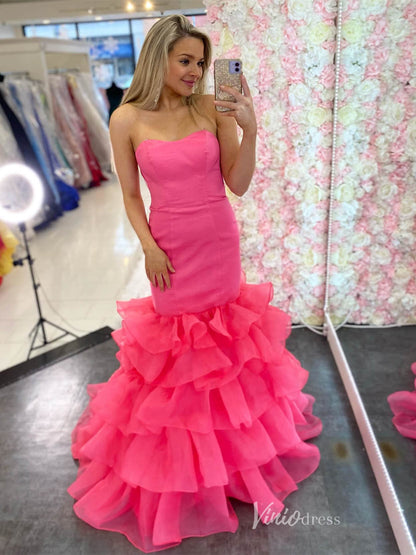 Strapless Blue Mermaid Prom Dresses Ruffled Formal Gown FD4058-prom dresses 2025 -Viniodress-Pink-Custom Size-
