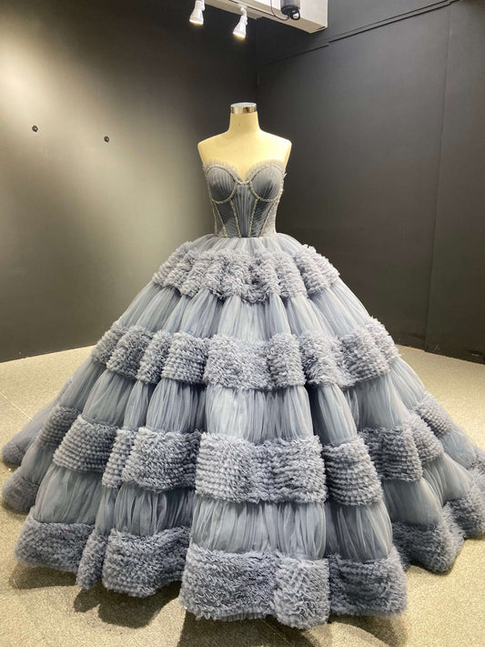 Strapless Celebrity Dress Tulle Sweet 16 Ball Gown Wedding Dresses 67372-wedding dresses 2025 -Viniodress-Dusty Blue-Custom Size-