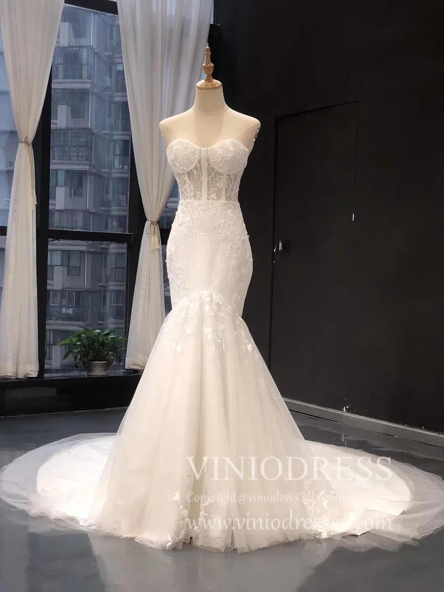 Strapless Champagne Mermaid Wedding Dresses with Long Train VW1004-wedding dresses-Viniodress-Ivory-US 2-Viniodress