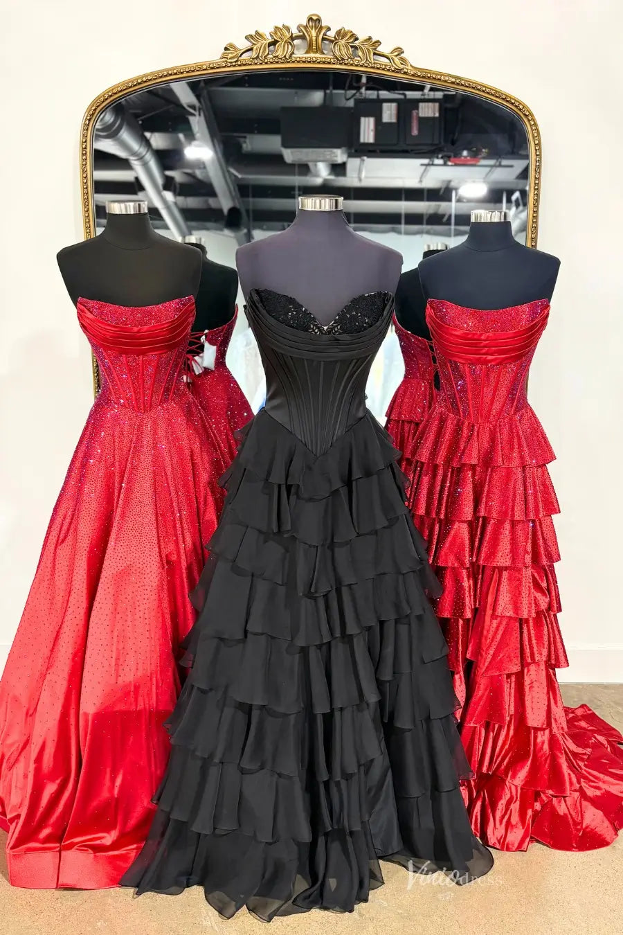 Strapless Chiffon Tiered Prom Dress with Slit & Lace Sweetheart Neckline – RF301-prom dresses 2026-Viniodress-Black-Custom Size-