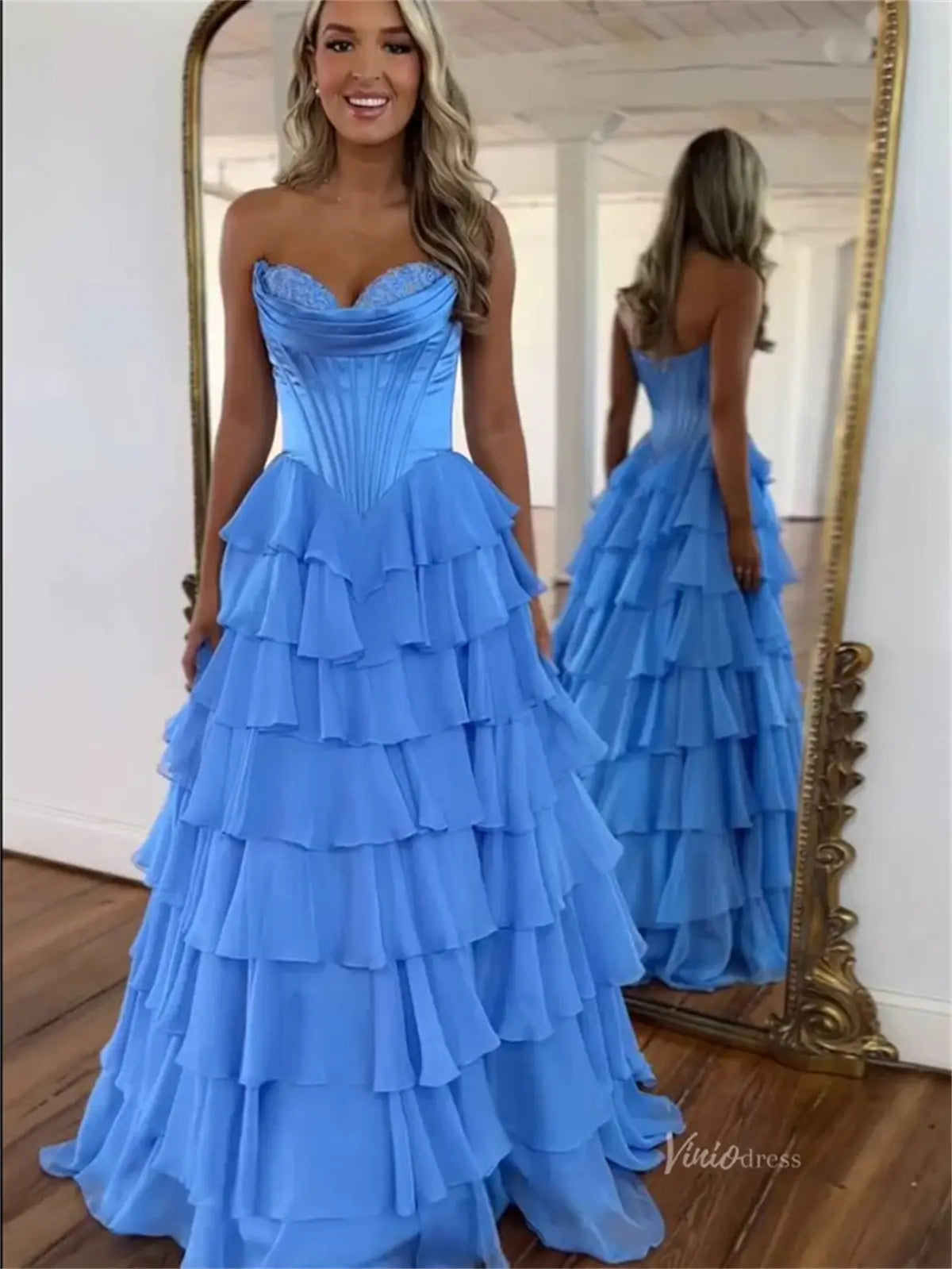 Strapless Chiffon Tiered Prom Dress with Slit & Lace Sweetheart Neckline – Style FD3732-prom dresses 2025 -Viniodress-Blue-Custom Size-