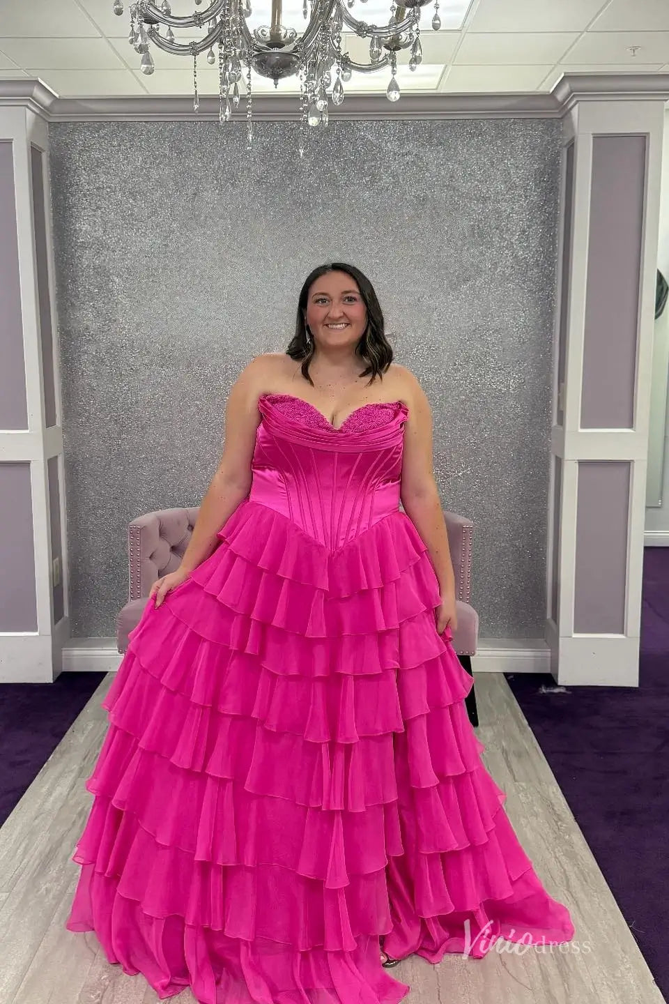 Strapless Chiffon Tiered Prom Dress with Slit & Lace Sweetheart Neckline – RF301-prom dresses 2026-Viniodress-Fuchsia-Custom Size-