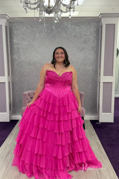Strapless Chiffon Tiered Prom Dress with Slit & Lace Sweetheart Neckline – RF301-prom dresses 2026-Viniodress-Fuchsia-Custom Size-