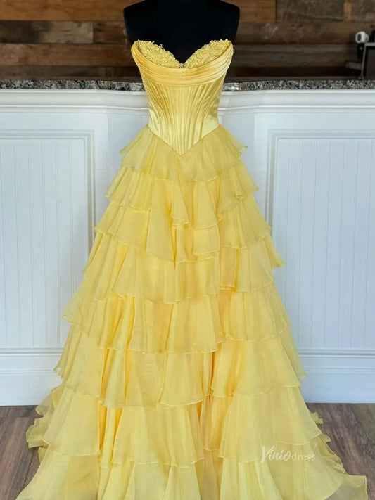 Strapless Chiffon Tiered Prom Dress with Slit & Lace Sweetheart Neckline – Style FD3732-prom dresses 2025 -Viniodress-Custom Colors-Custom Size-