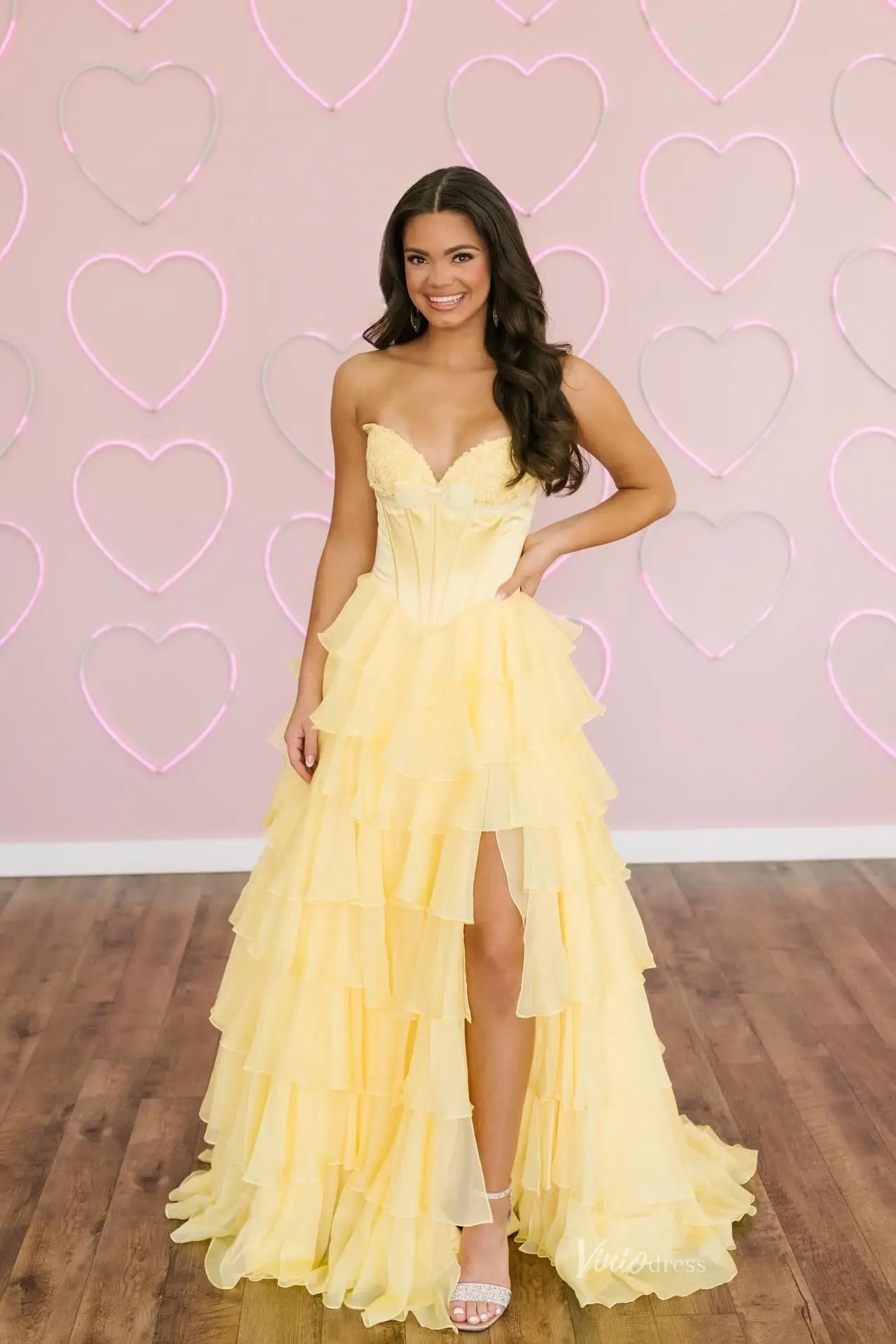 Strapless Corset Prom Dress with Tiered Ruffle Skirt, Lace & Bow Neckl – Viniodress