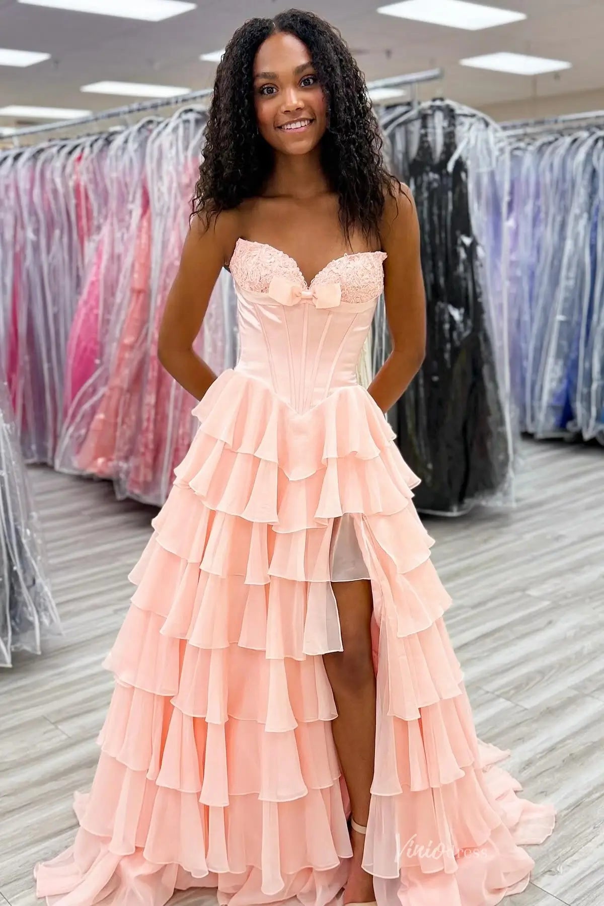 corset tiered lace ruffle dress Strapless Prom with Skirt, & Bow Neckl – Viniodress 24seven Comfort Apparel Plus Sherri Hill 57934 merges NECK:Split Size:US4/AU8/S