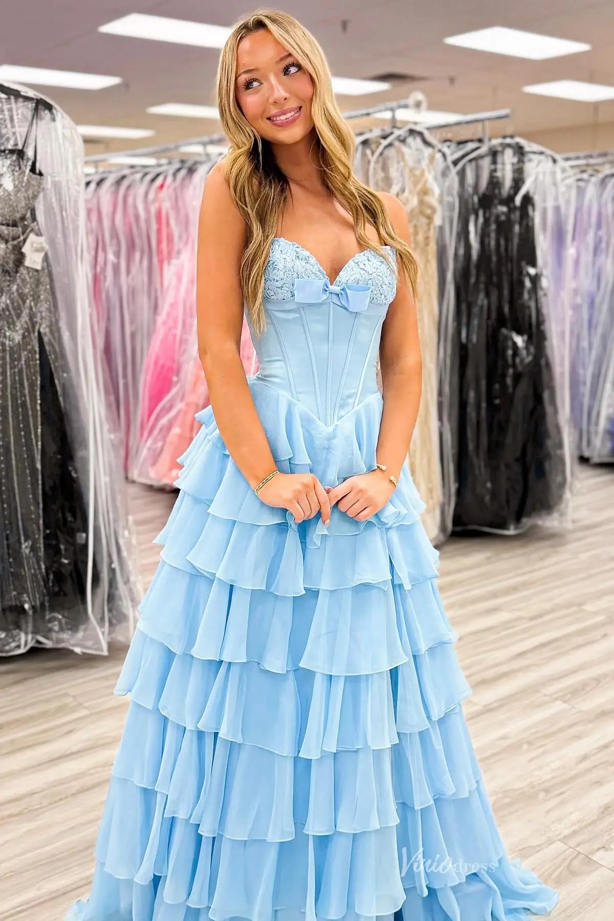 Strapless Corset Prom Dress with Tiered Ruffle Skirt, Lace & Bow Neckl – Viniodress