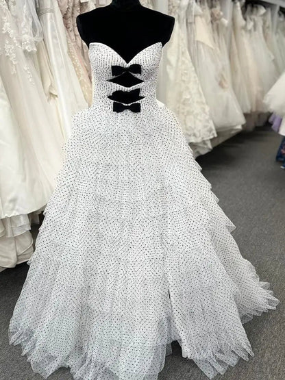 Strapless Dotted Tulle Prom Dresses with Slit Ruffled Bow Tie Formal Dresses - FD3701-prom dresses 2025 -Viniodress-Blue-Custom Size-