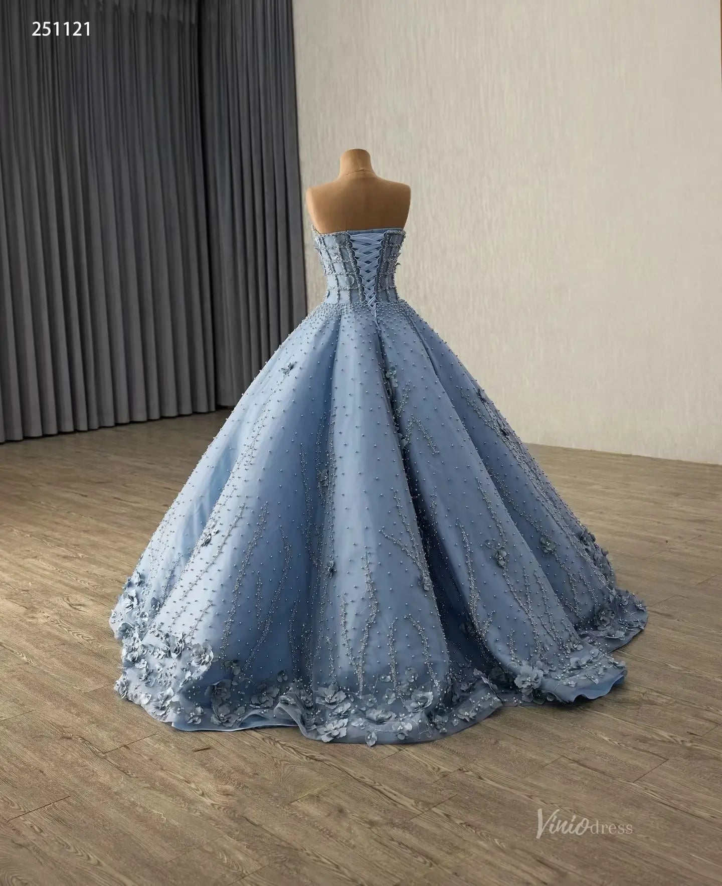 Strapless Dusty Blue Quinceañera Dress | 3D Flower Ball Gown with Pearls, Sweep Train 251121-Quinceanera Dresses 2025 -Viniodress-Dusty Blue-Custom Size-