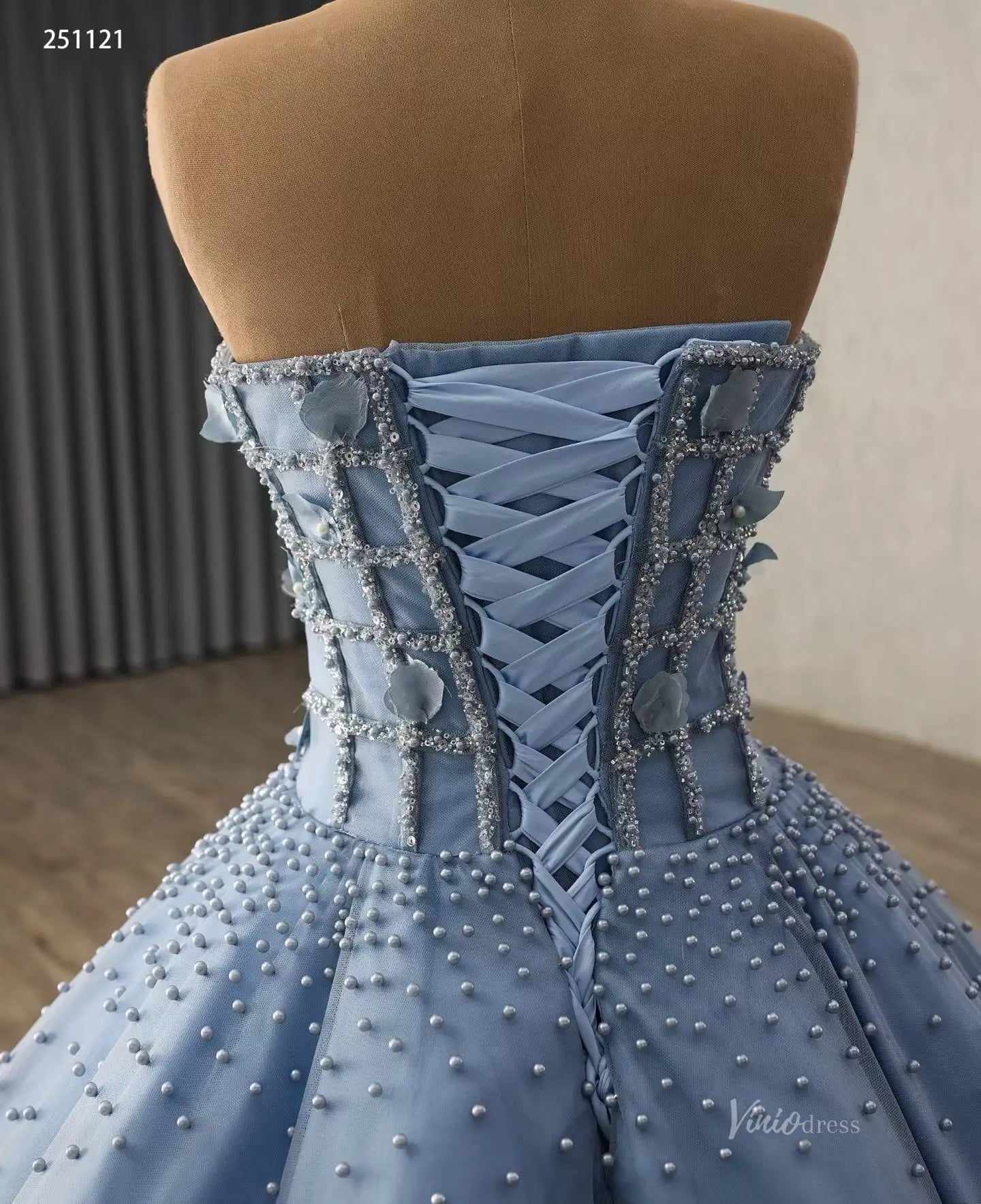 Strapless Dusty Blue Quinceañera Dress | 3D Flower Ball Gown with Pearls, Sweep Train 251121-Quinceanera Dresses 2025 -Viniodress-Dusty Blue-Custom Size-