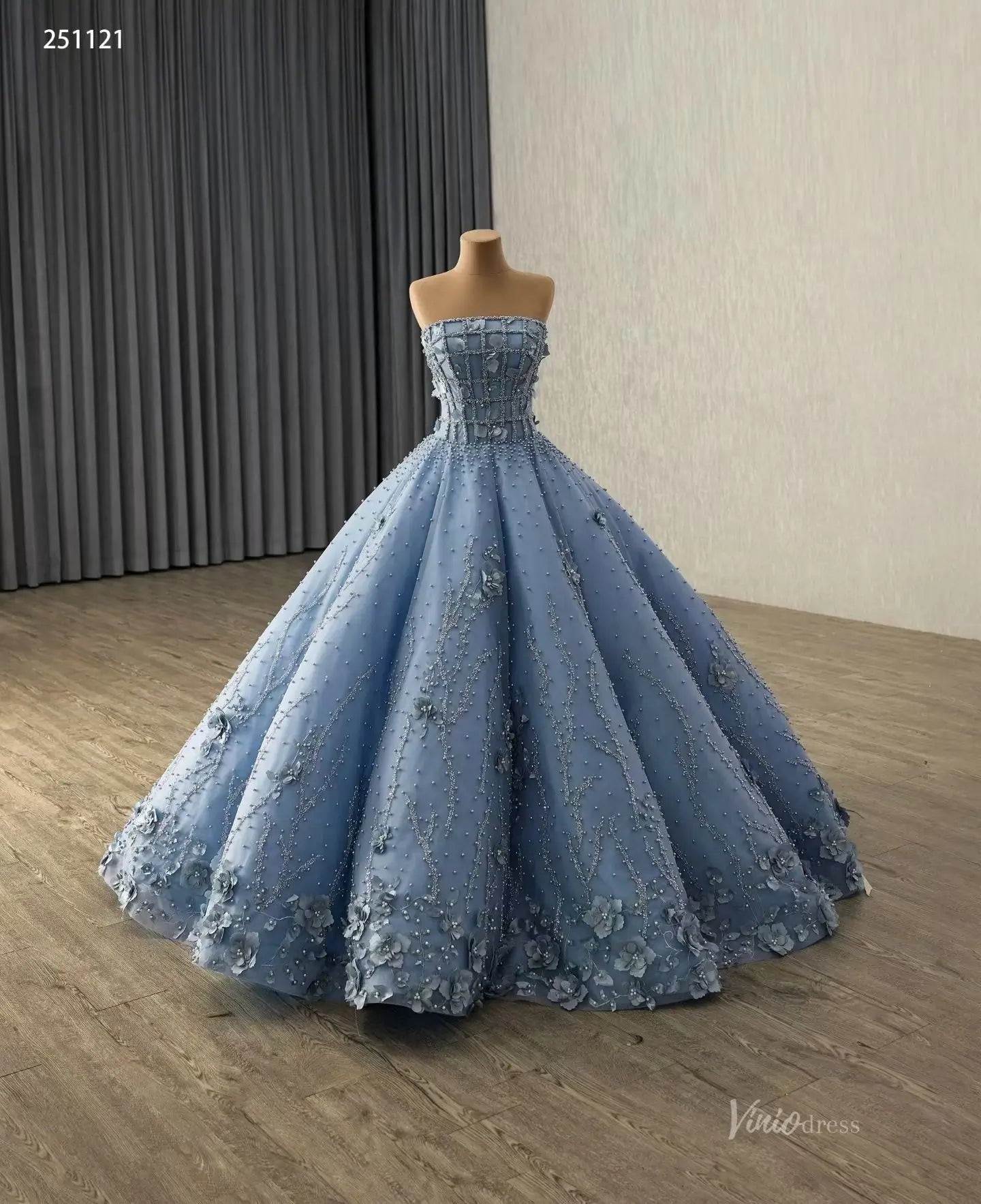 Strapless Dusty Blue Quinceañera Dress | 3D Flower Ball Gown with Pearls, Sweep Train 251121-Quinceanera Dresses 2025 -Viniodress-Dusty Blue-Custom Size-