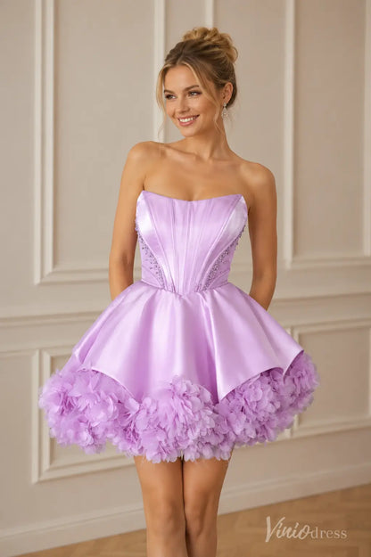 Lavender strapless satin homecoming dress with corset bodice and ruffled tulle hem.