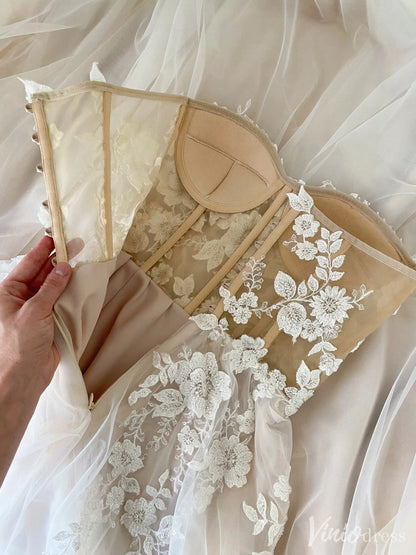 Strapless Illusion Corset Wedding Dress with 3D Floral Lace and Slit Skirt – VW2518-wedding dresses 2025 -Viniodress-Nude-Custom Size-