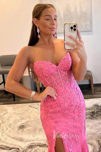 Strapless Lace Appliqued Mermaid Prom Dresses with Slit FD1250K-prom dresses 2025 -Viniodress-Black-Custom Size-
