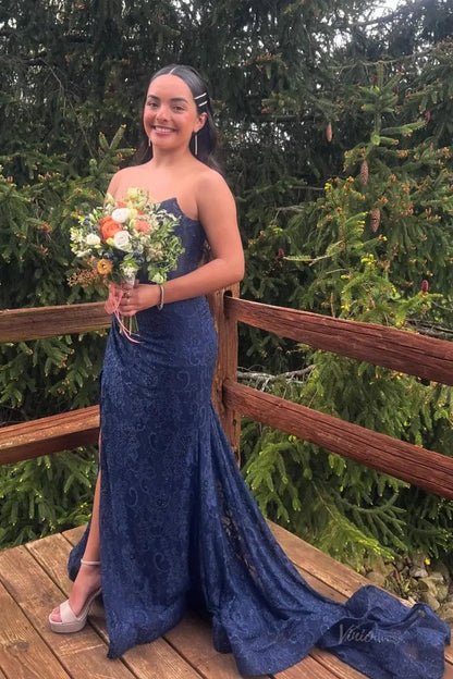 Strapless Lace Mermaid Prom Dress 2025 with Slit & Boned Bodice – FD5019-prom dresses 2025 -Viniodress-Dark Blue-Custom Size-
