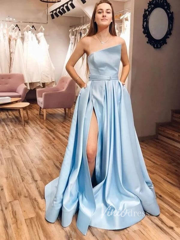 Strapless Light Blue Long Satin Prom Dresses with Slit FD1776-prom dresses 2025 -Viniodress-Light Blue-Custom Size-