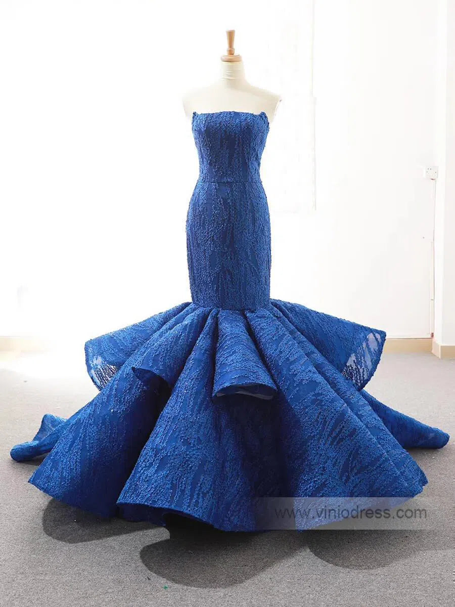 Strapless Mermaid Prom Dresses Trumpet Lace Pageant Dress FD1381-prom dresses-Viniodress-Royal Blue-US 2-Viniodress