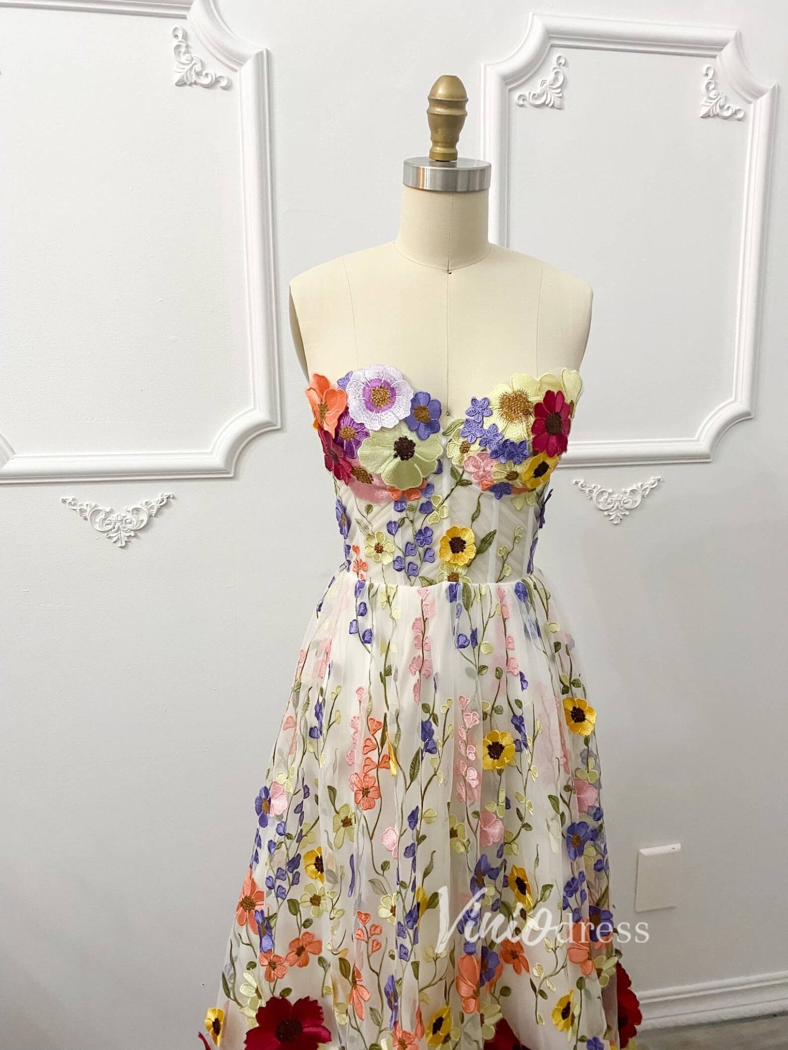 Strapless Multi-Color 3D Flower Prom Dress with Corset Back FD2900D-prom dresses 2025 -Viniodress-White-Custom Size-