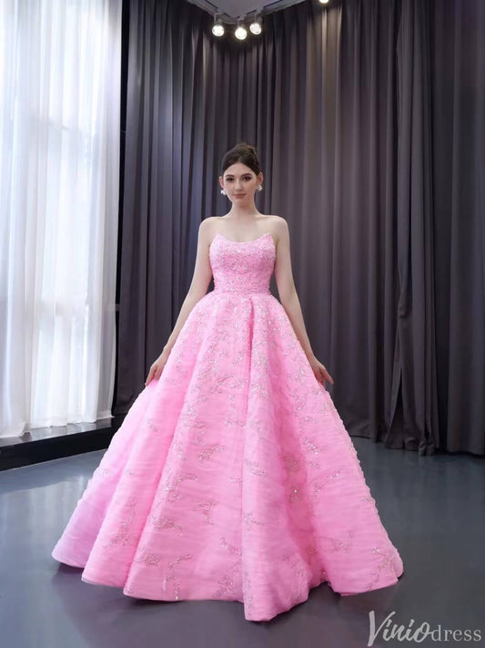Strapless Pink Ball Gown Prom Dresses Beaded Wedding Gown 241022-Quinceanera Dresses 2025 -Viniodress-Pink-Custom Size-
