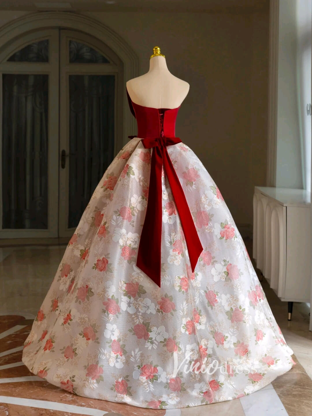 Strapless Pink Floral Lace Ball Gown Prom Dresses with Big Burgundy Bow FD3450-prom dresses 2025 -Viniodress-Burgundy-Custom Size-