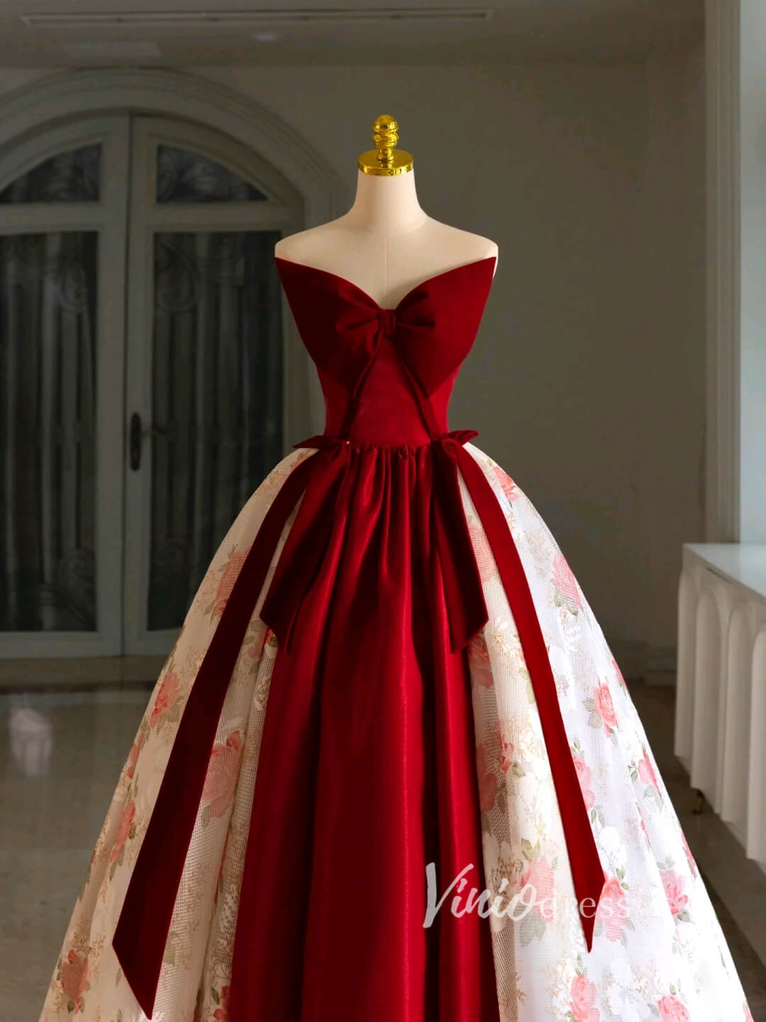 Strapless Pink Floral Lace Ball Gown Prom Dresses with Big Burgundy Bo – Viniodress