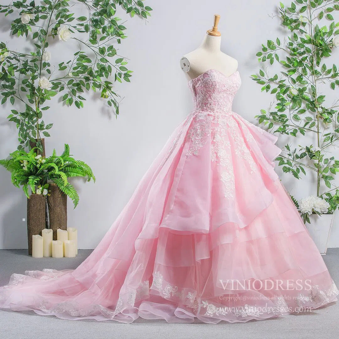 Strapless Pink Quinceanera Dress Sweetheart Layered Ball Gown Prom Dress FD1181 viniodress-prom dresses 2025 -Viniodress-Pink-Custom Size-