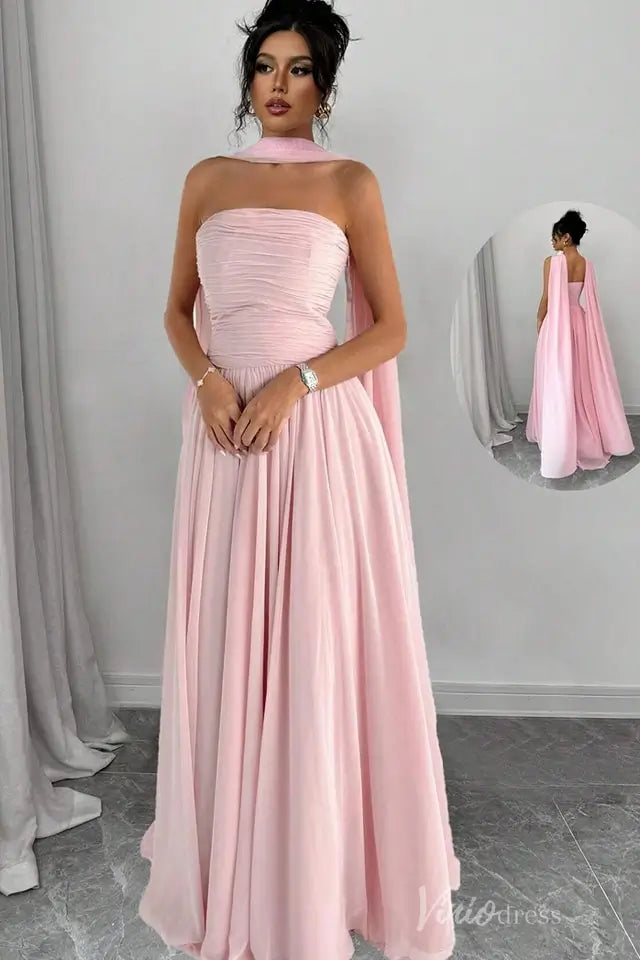 Strapless Pleated Organza Formal Gown with Cape Shawl and A-Line Skirt – AS032 – Viniodress