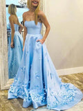 Strapless Prom Dresses Sky Blue Floral Long Prom Gowns FD1266-prom dresses-Viniodress-Light Blue-US 2-Viniodress