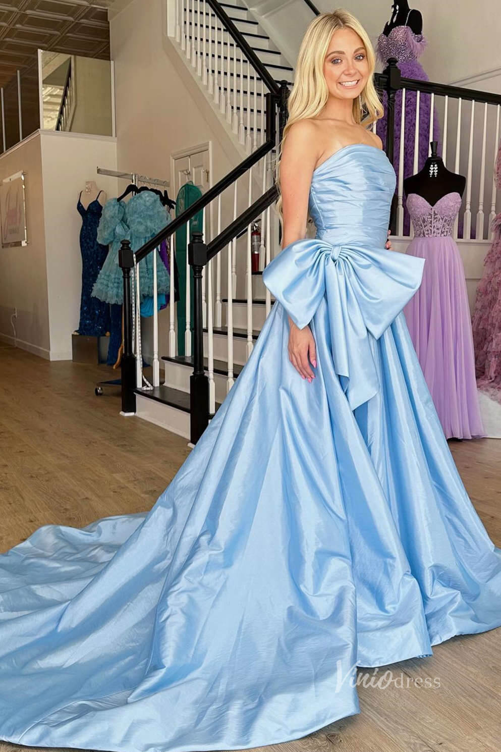 Strapless Red Bow Tie Prom Dresses 2024 Satin Formal Gowns with Slit FD3043-prom dresses 2025 -Viniodress-Red-Custom Size-